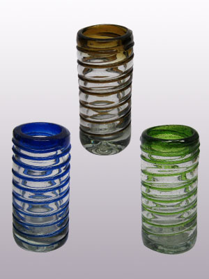 MEXICAN GLASSWARE / Blue & Green & Amber Spiral 2 oz Tequila Shot Glasses (set of 6) / Perfect for parties, this set includes two shot glasses with each colored spiral: cobalt blue, emerald green and amber.